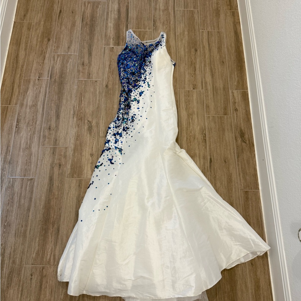 Rachel Allan White and Blue Embellished Dress
